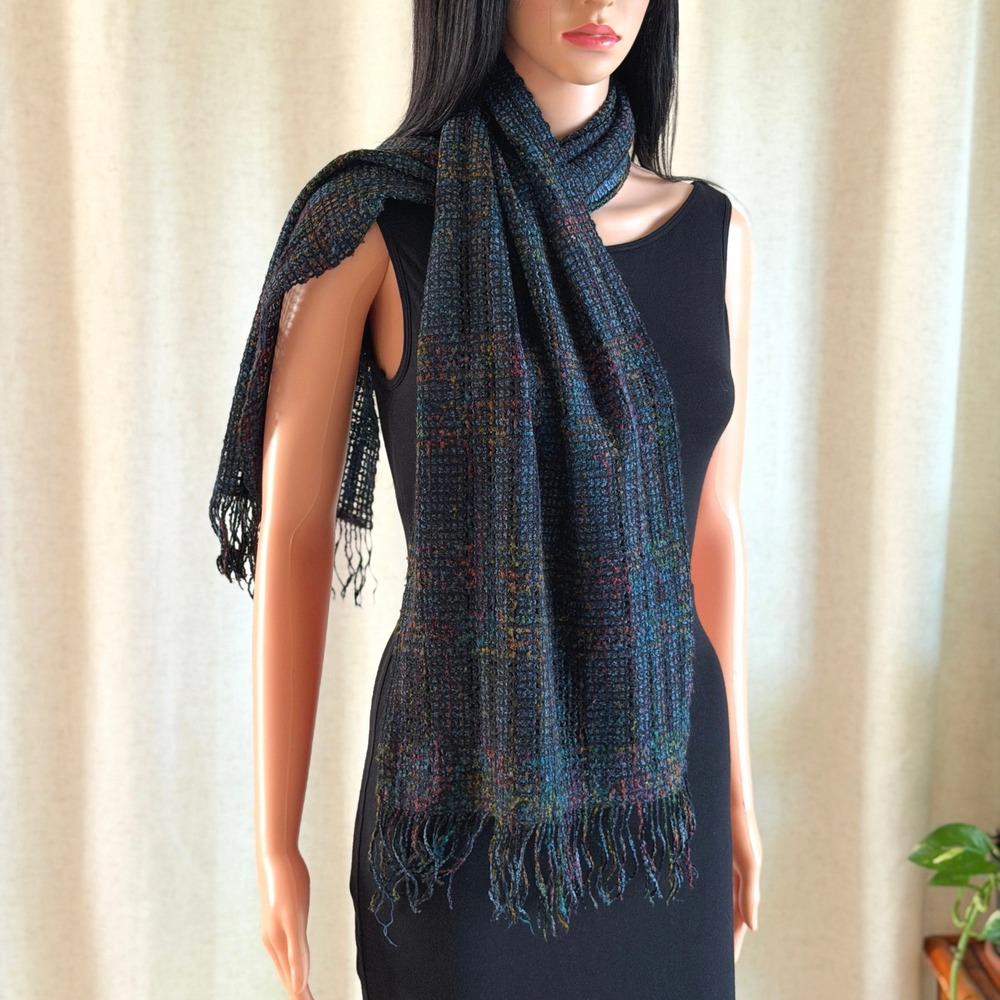 Vtg 80s Prochownick Blue Multi Color Open Weave Fringed Plaid Scarf Wrap Italy